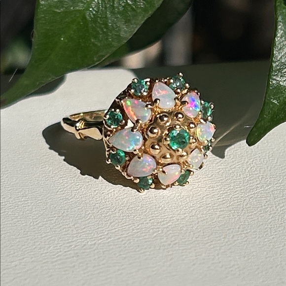 Jewelry - 14K Yellow Gold “FM” Natural Fiery Opals & Green Emeralds Ring